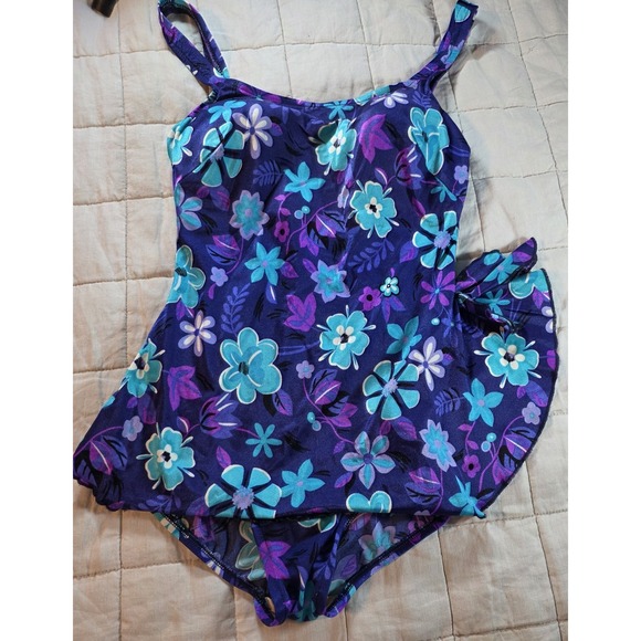 Maxine of Hollywood Other - Vintage Maxine Of Hollywood Swimsuit One Piece Pin Up Blue Purple Skirt 90s
